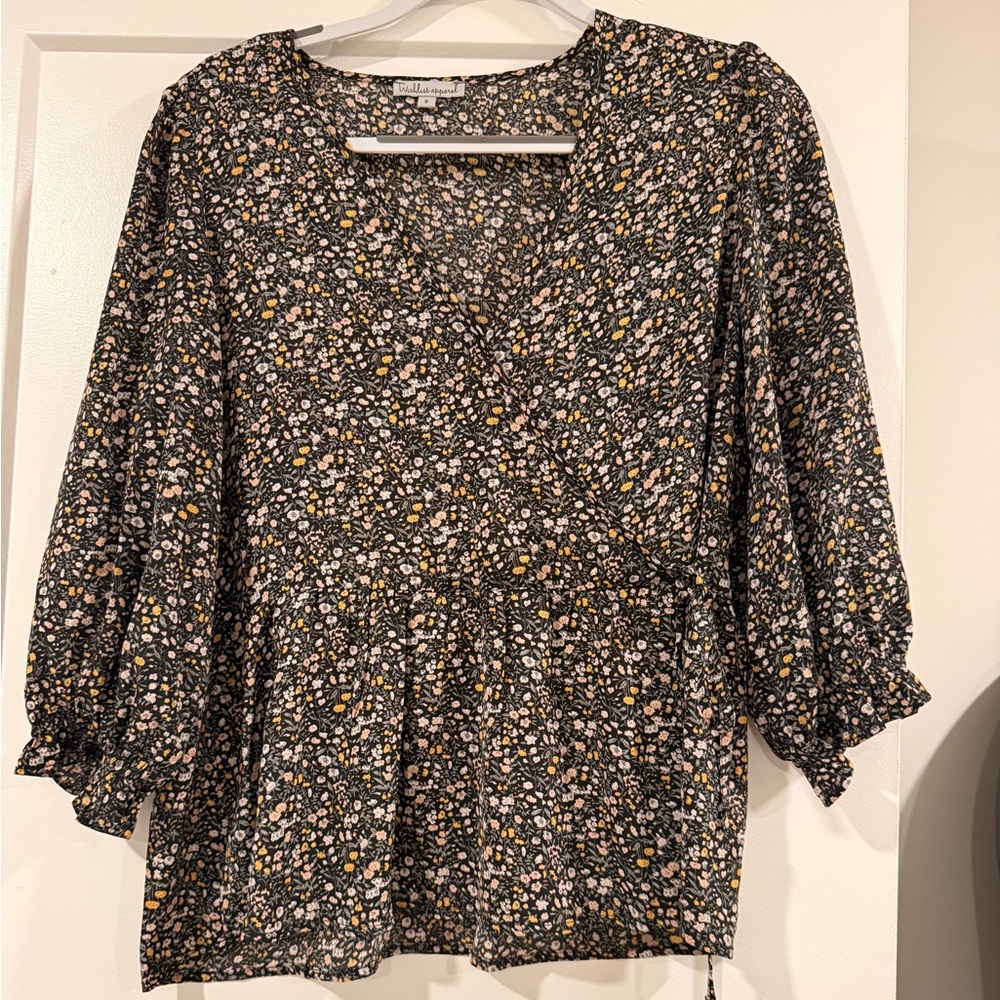 Wishlist Black Floral V-Neck Peplum Blouse with Yellow & White Ditsy Print